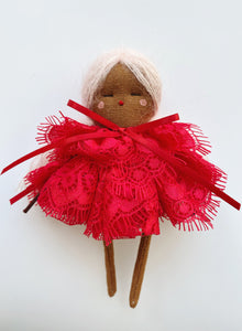 Pocket Valentines Doll | Red Lace Dress / Pink Hair