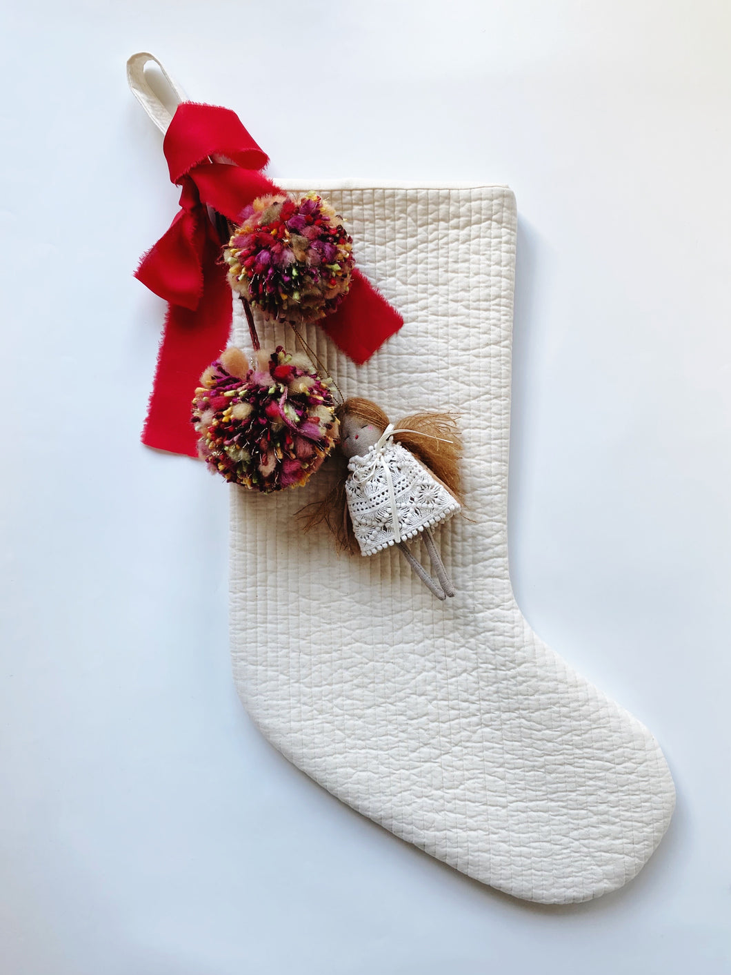 Hanging Doll & Pom Set Stocking | Christmas Red